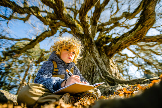 Schoolboy with notebook and pen under big tree