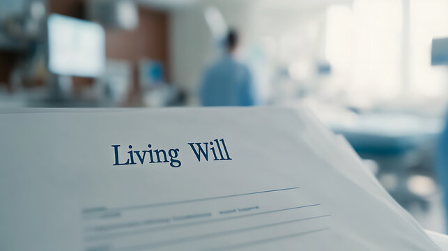 Living Will document in a hospital setting, emphasizing healthcare decisions and end-of-life planning. Advance directive for medical care.