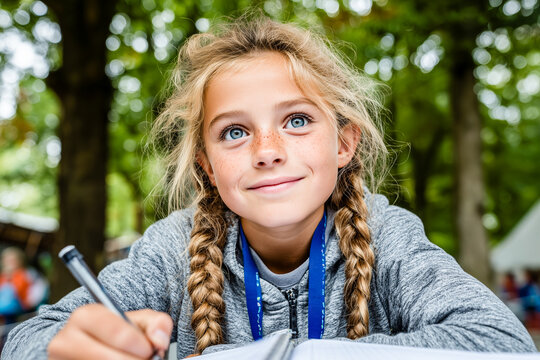 Schoolgirl writing notes in park - Powered by Adobe