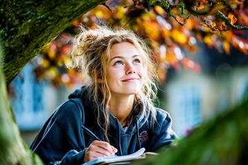 Schoolgirl writing notes in park