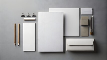 A clean stationery branding mockup with pencils and clips on a grey surface