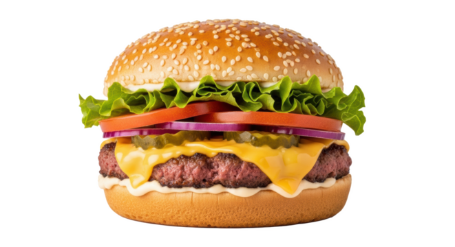 A close up shot of a burger with lettuce tomato onion pickles and cheese on a sesame seed bun isolated