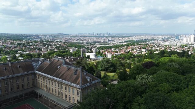 Chateau Saint-Philippe and Campus in Meudon with Paris Skyline, Aerial View