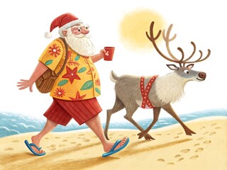 Fototapeta premium Santa claus and reindeer on a tropical beach vacation isolated on white background
