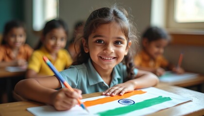 Happy Indian schoolgirl paints tricolor flag at desk. Young student learns art in classroom. Children celebrate national holiday, express patriotism with drawing, creativity.