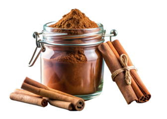 Cinnamon powder in jar with sticks isolated on sky blue and transparent background
