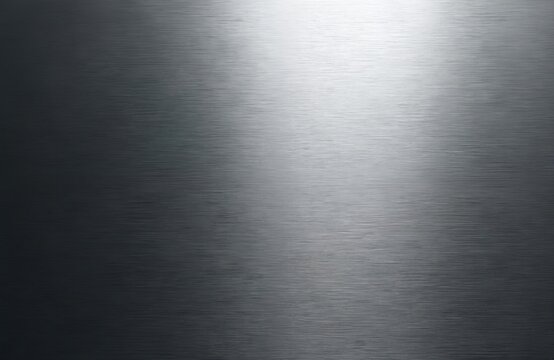 Brushed stainless steel texture with metallic sheen, reflections. Grey, shiny metal surface features fine brushed pattern. Ideal for industrial design backgrounds, abstract art, creating sleek,