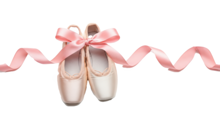 A pair of ballet shoes with a pink ribbon tied around them on a black background for artistic expression