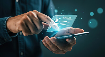 Profile Management on Mobile: Man Interacting with Digital Interface on Smartphone for Social Media, Business Networking and User Account Access