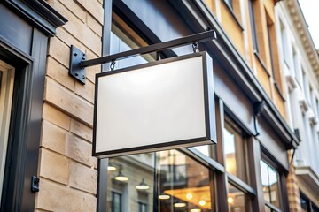 A blank white sign hanging outside a storefront on a brick building