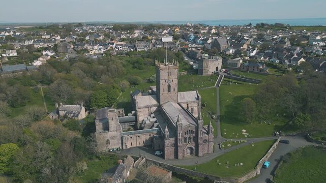 Aerial drone shot of St Davids Cathedral, Wales, UK