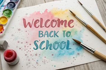 Watercolor "Welcome Back to School" art piece with paintbrushes