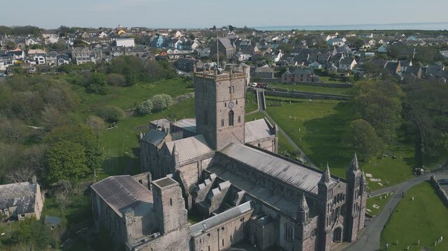 Aerial drone shot of St Davids Cathedral, Wales, UK