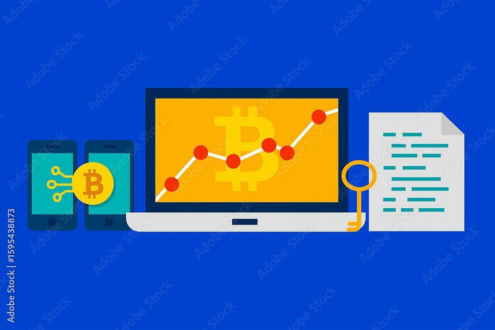 Poster digital currency analysis on a laptop with a cryptocurrency graph and financial documents showcasing