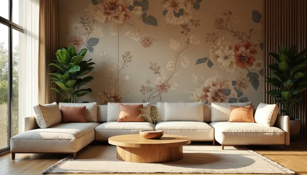 Japandi living room blends Art Deco style with minimalist Japanese aesthetics. Features plush sectional sofa, round wooden coffee table, elegant floral wallpaper accent wall. Abundant natural light - Powered by Adobe