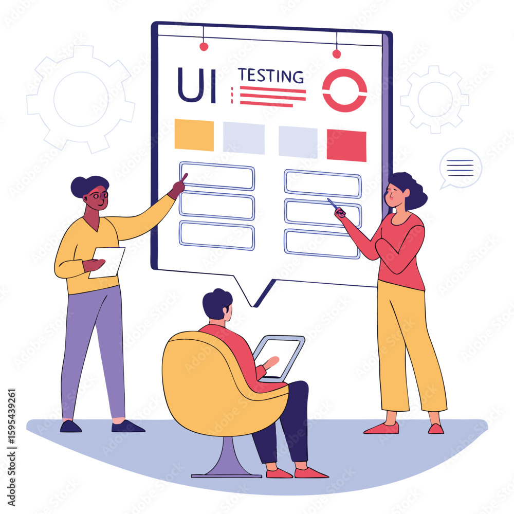 Poster a ui testing team collaborates during a meeting, presenting data analysis and project development st