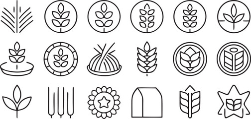 Isolated black wheat vector icons, grain, crop, barley, farmland and organic harvest elements, editable farming food line illustrations in black