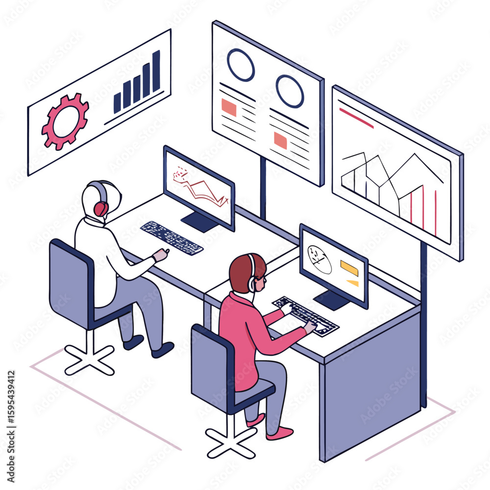 Poster the isometric illustration shows data analysis and business intelligence, featuring customer service