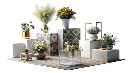Minimalist compositions on the cubes with flowers, decorations, carpet and personal accessories isolated on white and transparent background