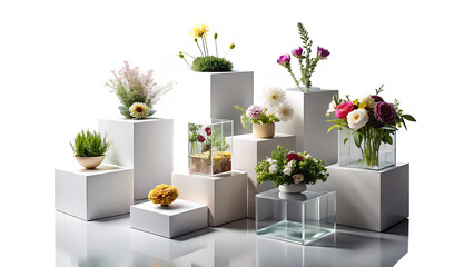 Minimalist compositions on the cubes with flowers, decorations, carpet and personal accessories isolated on white and transparent background