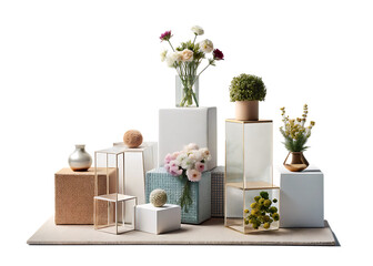 Minimalist compositions on the cubes with flowers, decorations, carpet and personal accessories isolated on white and transparent background