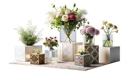 Minimalist compositions on the cubes with flowers, decorations, carpet and personal accessories isolated on white and transparent background