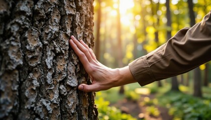 Touching nature human connection with trees forest photography peaceful close-up environmental awareness