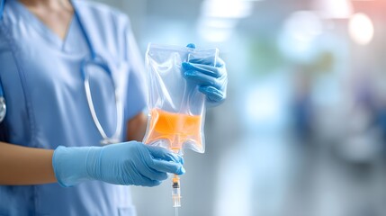 Healthcare provider with IV bag, administering medication. Medical setting with sterile environment. Focus on patient care and healthcare.