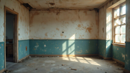 Dilapidated Room with Sunlight: Abandoned Interior, Decaying Plaster, Vintage Texture, Grunge Background