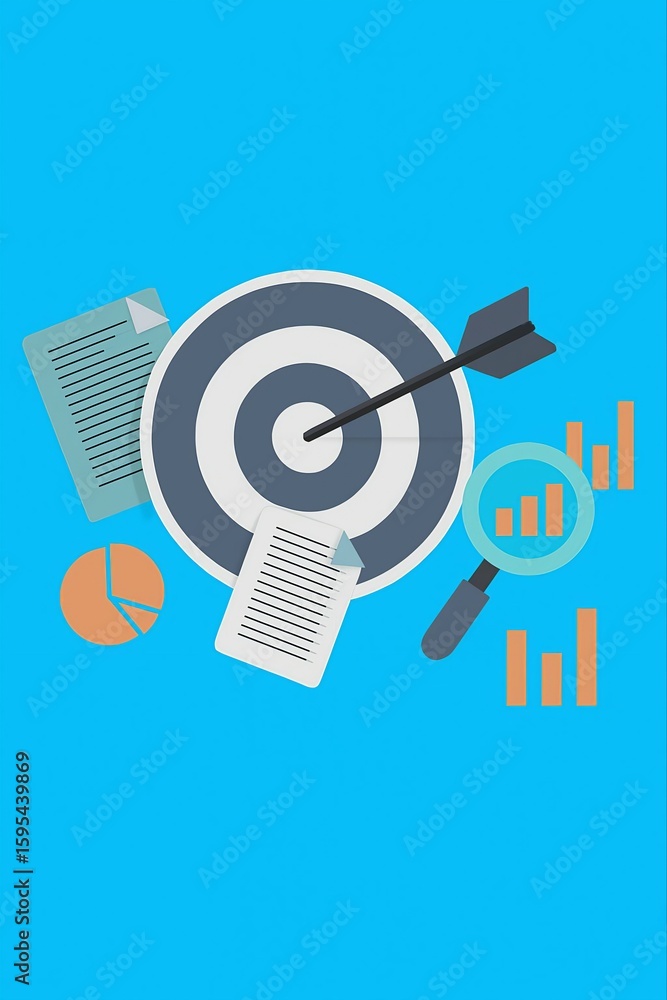 Poster business strategy and analytics concept with dartboard magnifying glass charts and calculator repres