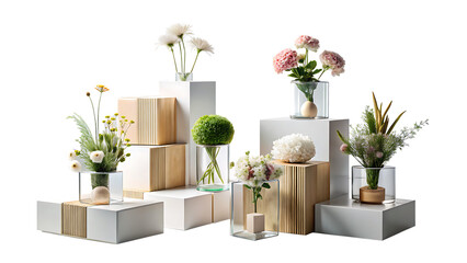 Minimalist compositions on the cubes with flowers, decorations, carpet and personal accessories isolated on white and transparent background