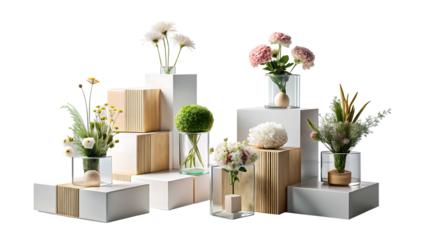 Minimalist compositions on the cubes with flowers, decorations, carpet and personal accessories isolated on white and transparent background