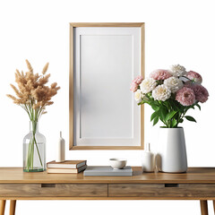 mock up poster frame, wooden console, flowers in vase, decorations and personal accessories isolated on white and transparent background