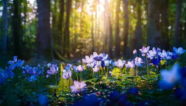 luminescent flowers glowing in a dense forest under soft sunlight - Powered by Adobe