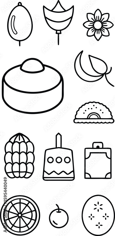 Poster vector art of a collection of simple black and white outline icons representing food and travel isol