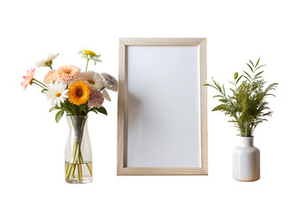 mock up poster frame, wooden console, flowers in vase, decorations and personal accessories isolated on white and transparent background