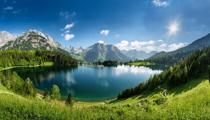 Fototapeta premium majestic mountain landscape with green pine trees under blue sky