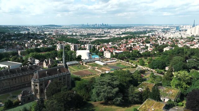 Chateau Saint-Philippe and Campus in Meudon with Paris Skyline, Aerial View