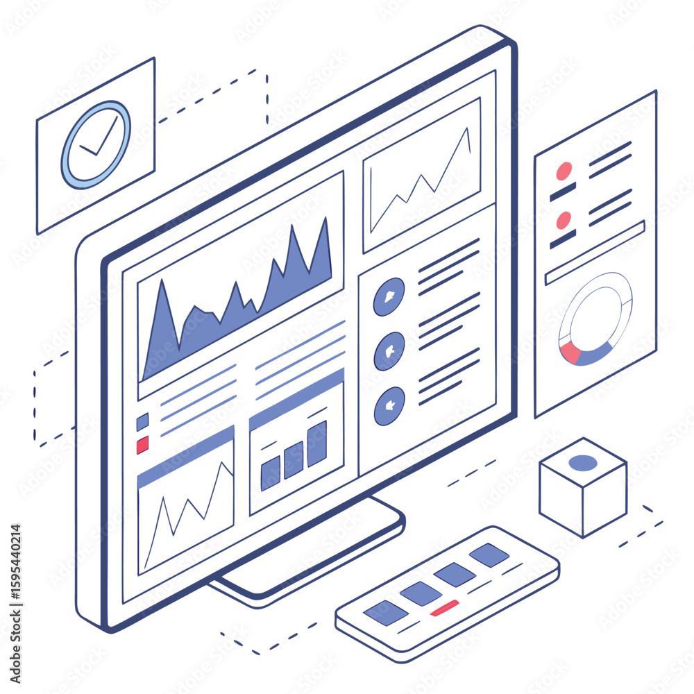 Poster isometric illustration of a computer displaying data analytics, charts, and graphs for business, fin