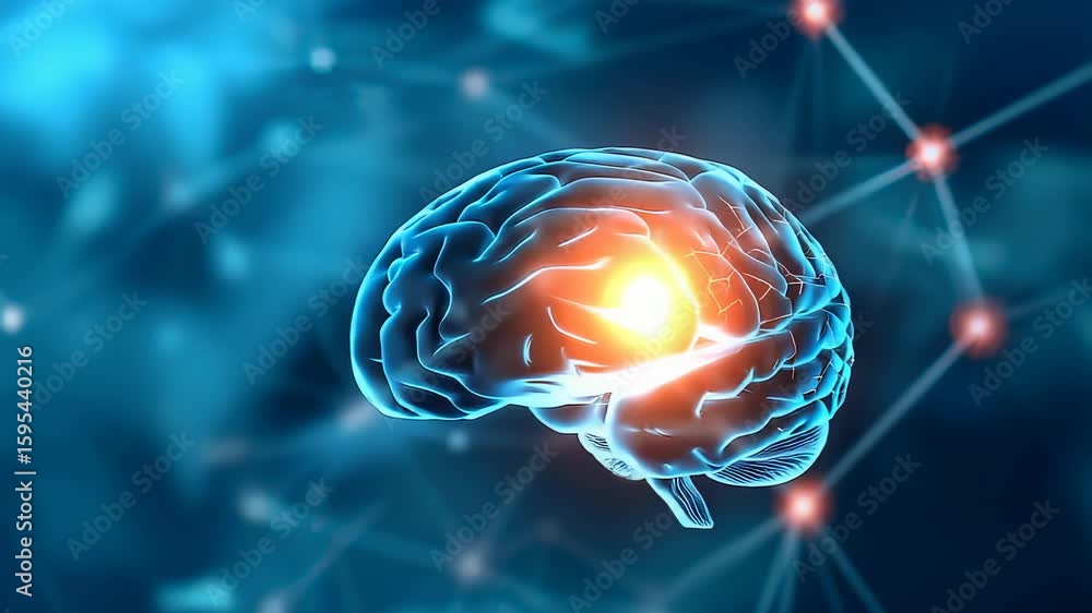 Poster digital rendering of a human brain with glowing neural connections, representing intelligence and ne