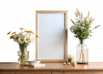 mock up poster frame, wooden console, flowers in vase, decorations and personal accessories isolated on white and transparent background