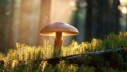 mushroom illuminated by soft lights in a forest during early morning hours