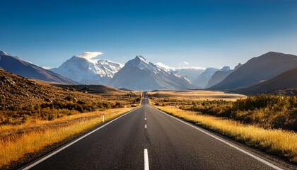 open road to the mountains scenic highway drive through wilderness landscape on a sunny day