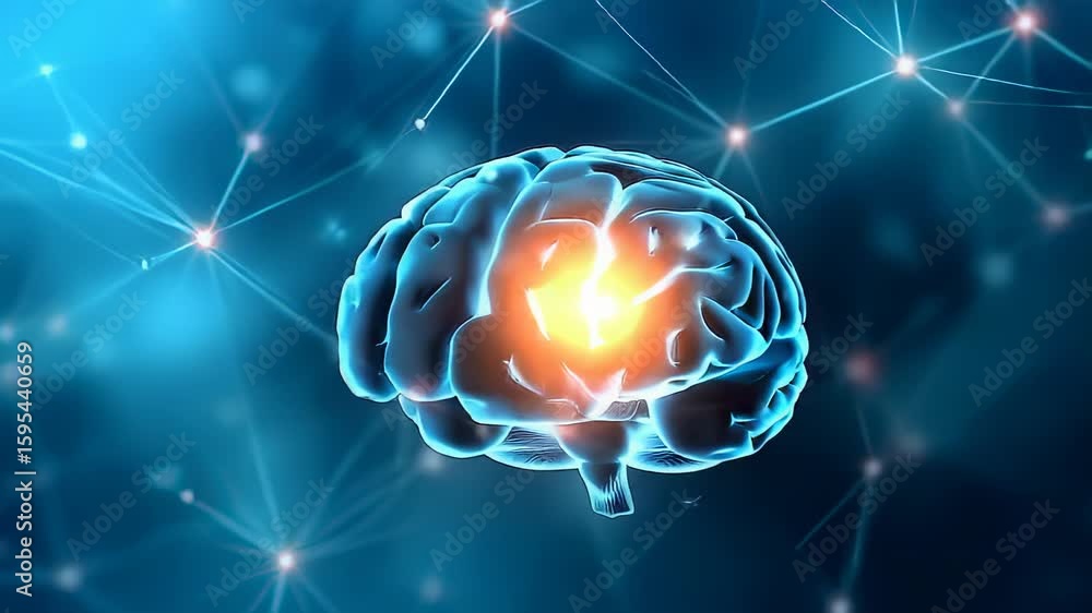Poster digital rendering of a human brain with glowing neural connections