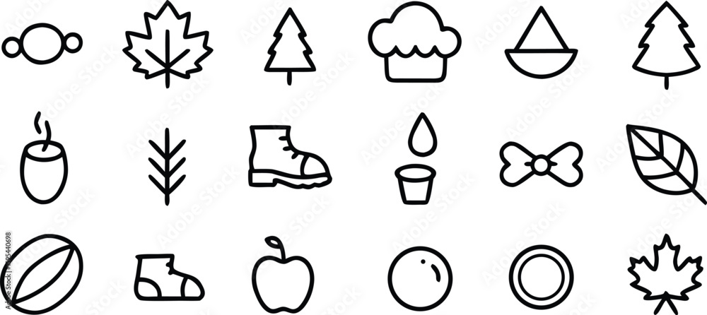 Poster vector art of a collection of simple black and white line art icons representing autumn elements iso