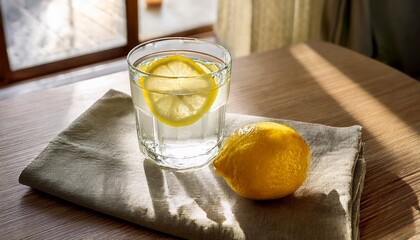 refreshing lemon water on a linen napkin illuminated by soft natural light enhances a minimalistic setting