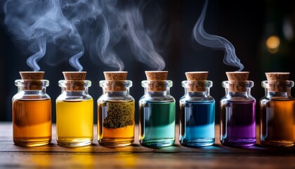 row of small glass bottles with cork stoppers and colored liquids and rising smoke