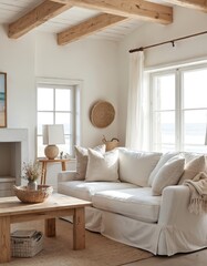 Whitewashed room with coastal decor features exposed wooden beams. Neutral tones, beige sofa, natural materials. Cozy living space with ocean view, rustic style, minimalist design, simple clean lines.