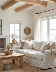  Whitewashed room with coastal decor features exposed wooden beams. Neutral tones, beige sofa, natural materials. Cozy living space with ocean view, rustic style, minimalist design, simple clean lines. © miss irine