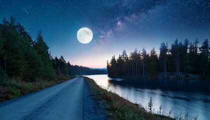 serene night landscape with bright moon and starry sky above a quiet road surrounded by tall trees and calm water